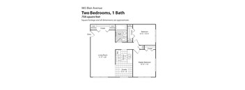 A floor plan for a 758 square feet apartment with two bedrooms and one bath.