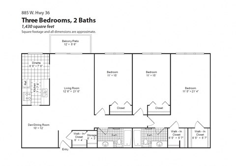 the floor plan of three bedrooms, two baths