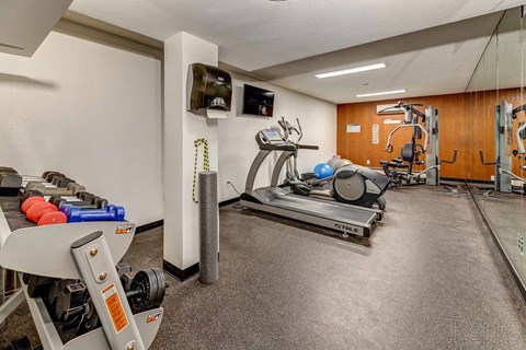 a gym with weights and a tv in the corner