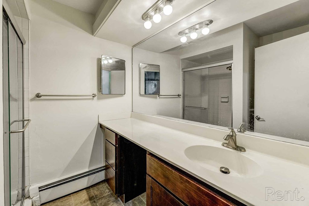 a bathroom with a sink and a mirror and a shower