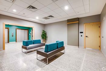 A spacious waiting room with two couches and a plant.