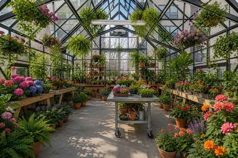 A greenhouse filled with a variety of plants and flowers.