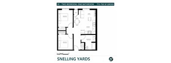 A floor plan for a two bedroom, one bathroom apartment.