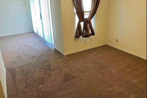 a living room with a carpeted floor and a window