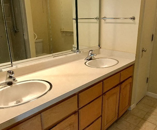 a bathroom with two sinks and a large mirror