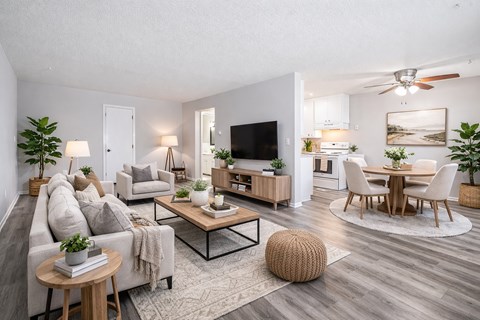 A well-lit living room with a grey sofa, a wooden coffee table, and a television.