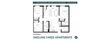 A floor plan for a three bedroom, one and a half bathroom apartment.