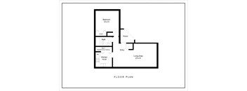 A black and white floor plan of a house with a living area, kitchen, bath, and bedroom.