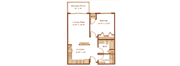 A floor plan of a small apartment with a living room, kitchen, bathroom, bedroom, and laundry room.