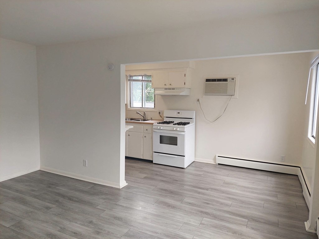a white kitchen with a stove and a window