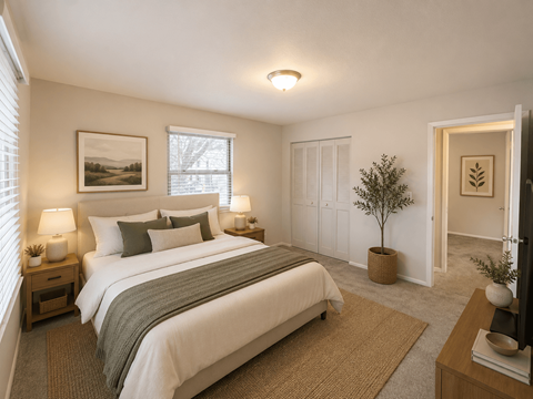 A bedroom with a large bed and a small tree in a pot.