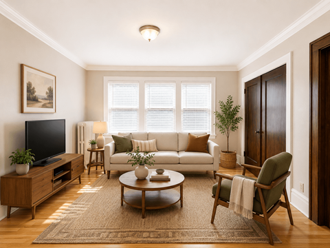 A living room with a white couch, a coffee table, a television, and a potted plant.