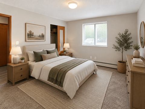 A bedroom with a large bed, a nightstand with a lamp, and a small tree.