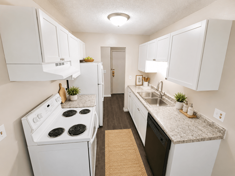 A kitchen with white cabinets and a black dishwasher.