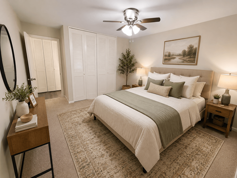 A bedroom with a large bed, a ceiling fan, and a painting on the wall.