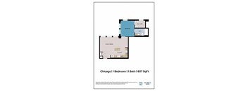 A floor plan for a 1 bedroom, 1 bathroom apartment in Chicago.