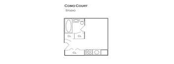 A floor plan of a studio with a kitchen area and a bathroom.