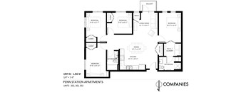 A black and white image of a floor plan for a 1,352 square foot apartment.