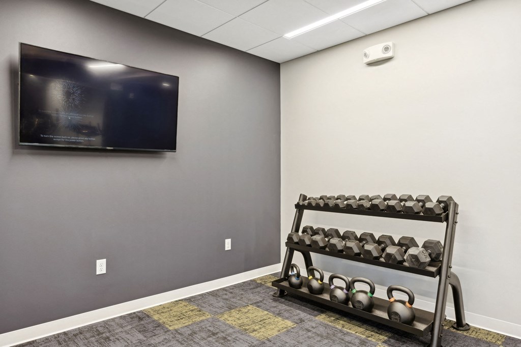 Wangstad Commons, Brooklyn Center,  A black kettlebell rack with kettlebells in a room with a television on the wall.