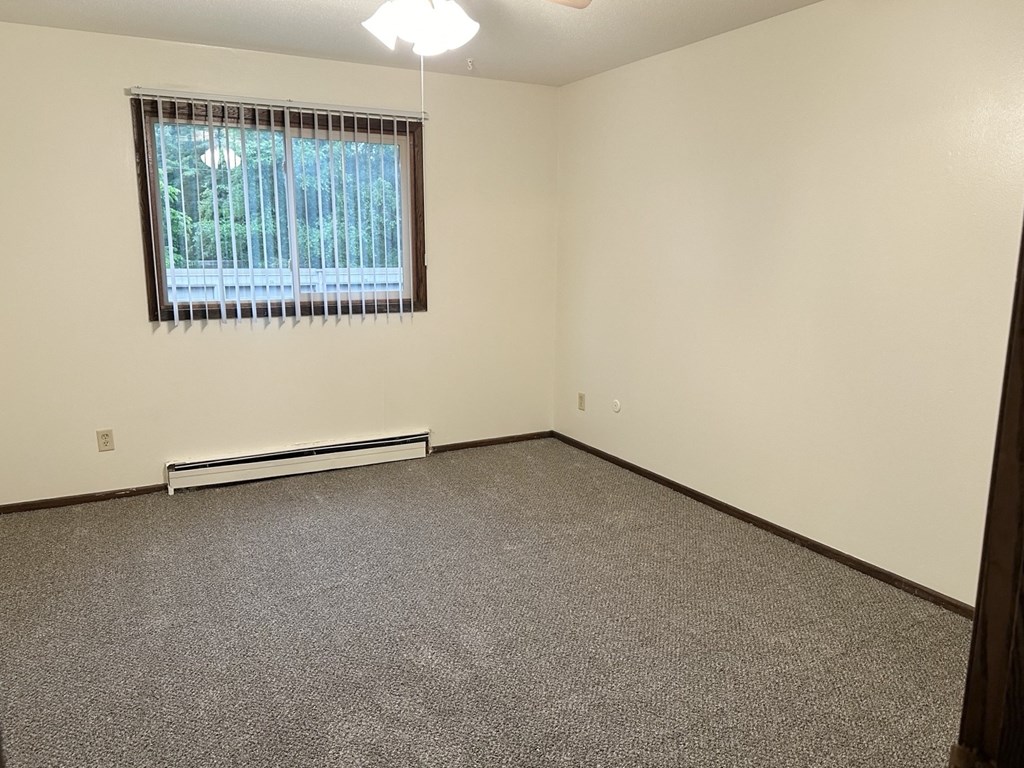 an empty living room with carpet and a window