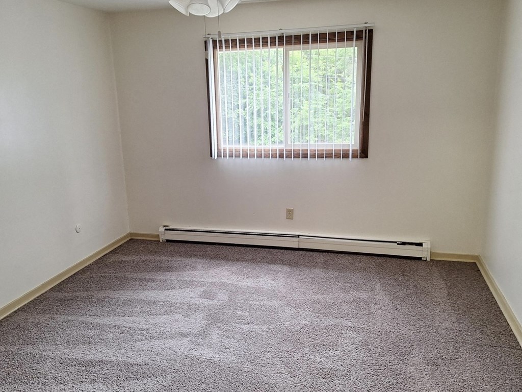 an empty room with carpet and a window