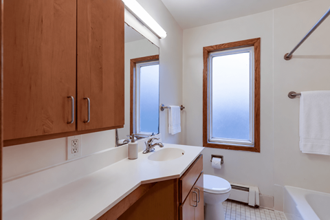 A bathroom with a toilet, sink, and mirror.