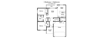 A floor plan of a 2 bedroom 1 bathroom house.