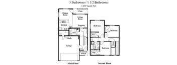 A floor plan of a 1,600 square foot home with 3 bedrooms and 1 1/2 bathrooms.