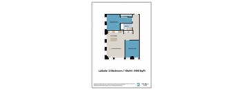 A floor plan for a 956 square foot home with two bedrooms and one bath.