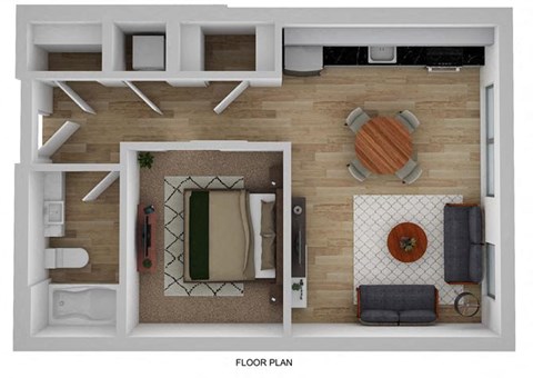 a 1 bedroom floor plan with a bathroom and a living room