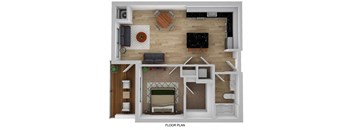 a 1 bedroom floor plan with a bathroom and a living room