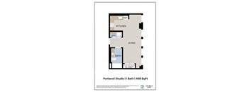 A floor plan for a studio apartment in Portland, showing the locations of the kitchen, bath, living room, and closet.