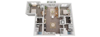 A 3D floor plan of a house with labeled rooms.