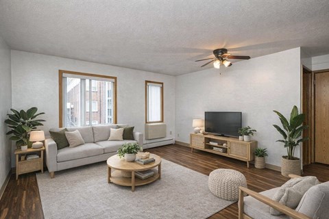 A living room with a grey couch, a wooden coffee table, and a television on a wooden stand.