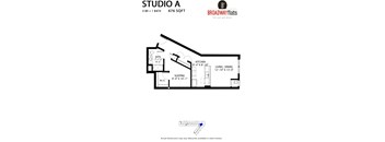 A floor plan for a studio apartment with a bath, kitchen, living/dining area, and sleeping area.