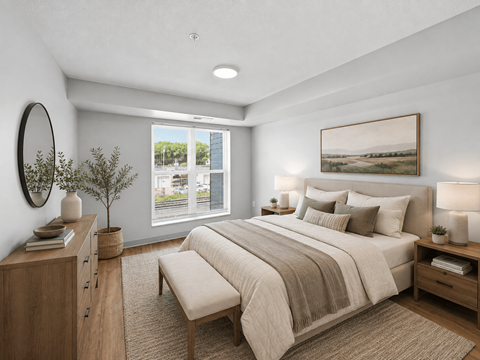 A bedroom with a large bed, a bench, and a painting on the wall.