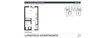 A floor plan for a studio apartment with one bathroom.