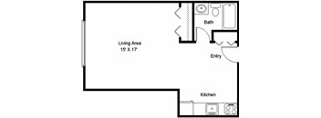 A floor plan of a small apartment with a living area, kitchen, and bathroom.
