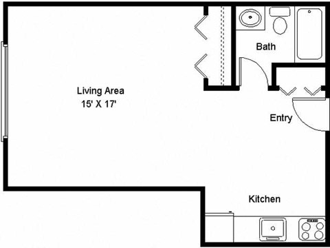 A floor plan of a small apartment with a living area, kitchen, and bathroom.
