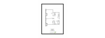 A floor plan of a one-bedroom, one-bathroom apartment in a downtown building.