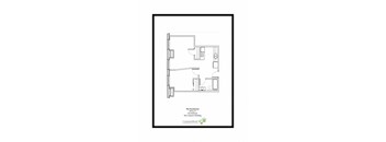 A floor plan of a one-bedroom, one-bathroom apartment in a downtown building.
