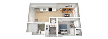 A 3D floor plan of a house with a kitchen, living room, bedroom, and bathroom.
