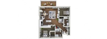 a rendering of the 1 bedroom floor plan with the living room and kitchen
