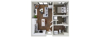 a stylized floor plan with a bedroom and a living room