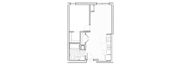 a floor plan of a small house with a bedroom and a bathroom