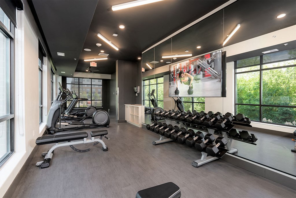 a gym with weights and a large screen on the wall
