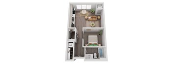 A top-down view of a small apartment layout with a living room, kitchen, and bathroom.