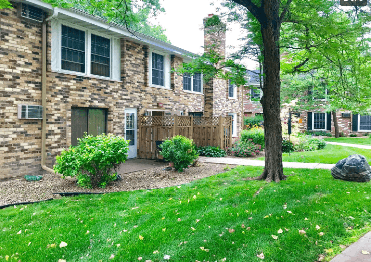 a front yard with green grass and a tree