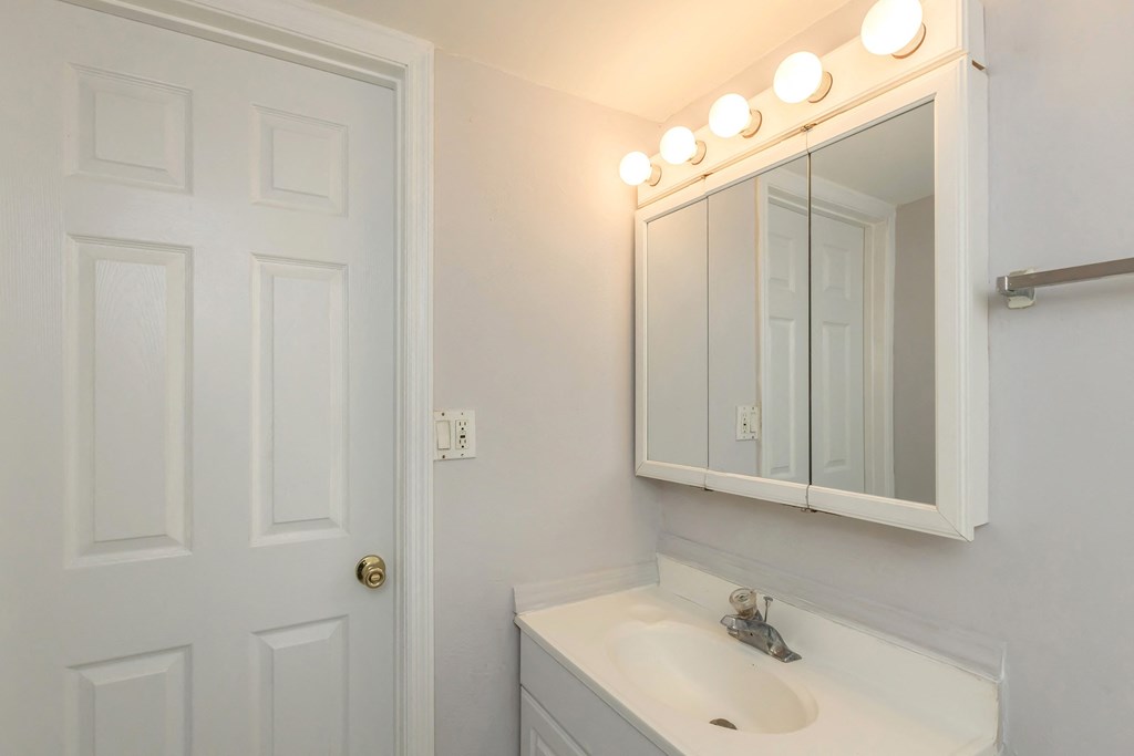 a bathroom with a sink and a mirror and a door