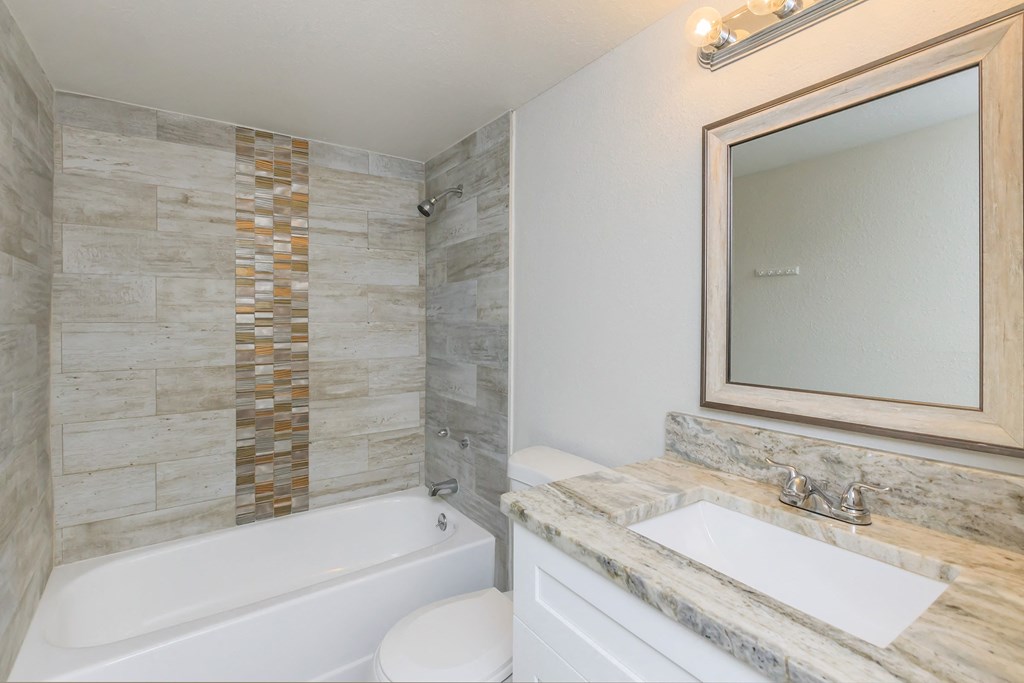 a bathroom with a tub and a sink and a mirror